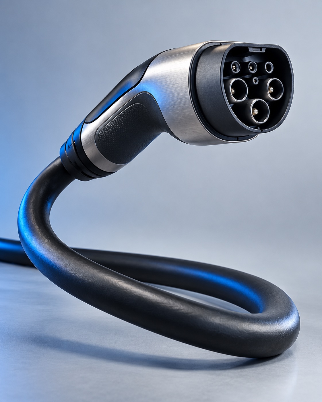 Illustrative studio study of an unbranded EV charging connector and curved cable